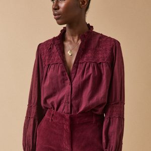 Blouse trousseau brodée femme col volanté