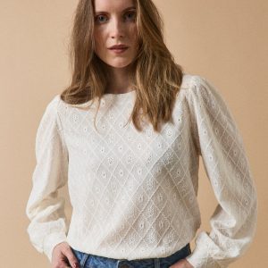 T-shirt jacquard manches bouffantes femme