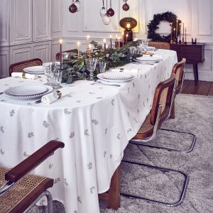 Nappe broderie dorée en coton tramé aspect lin